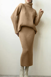 Luxuriöses Winter-Rippstrick-Rollkragen-Übergröße-Pullover-Midi-Zweiteiler-Kleid - Khaki